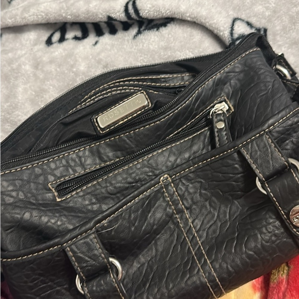 Rosetti Black Shoulder Bag with Textured Leather and Silver Hardware
